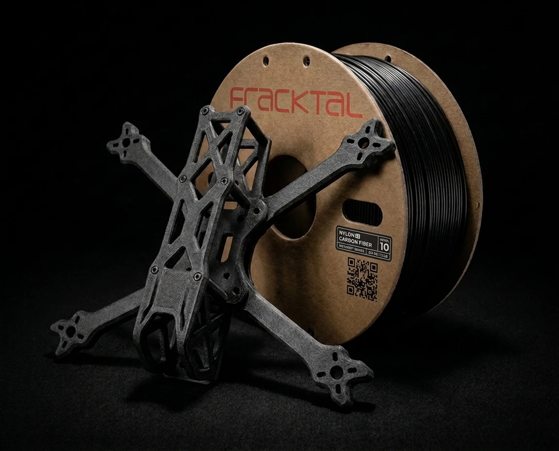 Carbon fibre nylon spool with a 3D-printed drone frame