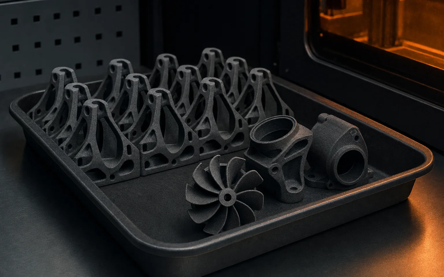 A tray of finished 3D printed engineering parts