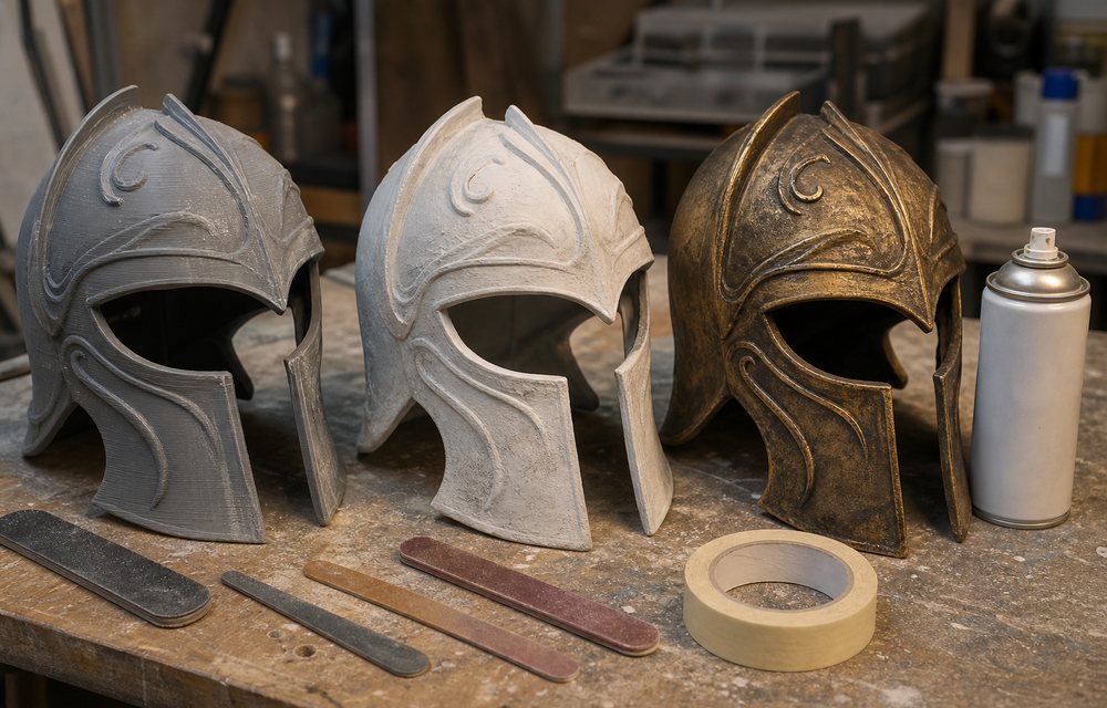 3D printed prop helmet in raw, primed and painted stages